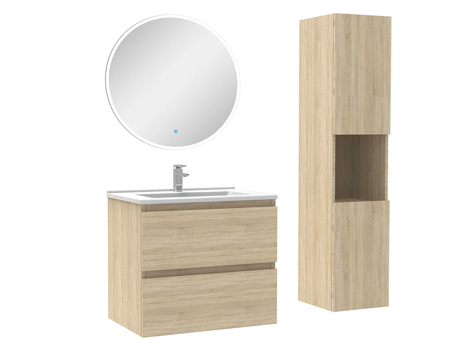 Ensemble meubles simple vasque 60cm,colonne + miroir rond lumineux Chêne Wotan