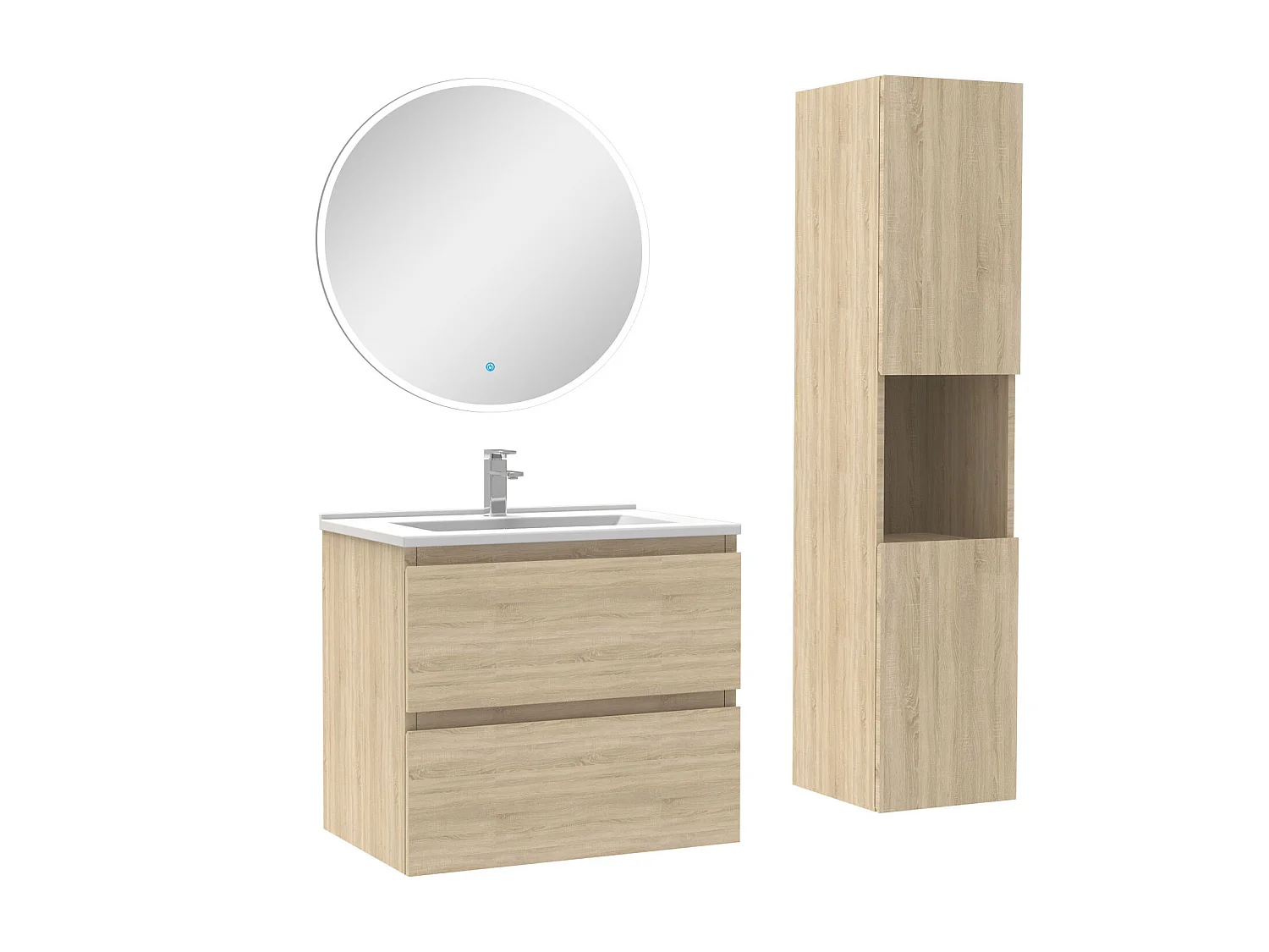 Ensemble meubles simple vasque 60cm,colonne + miroir rond lumineux Chêne Wotan