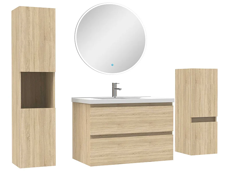 Ensemble meubles Salle de Bain 80cm simple vasque + colonne + miroir rond mural Chêne Wotan