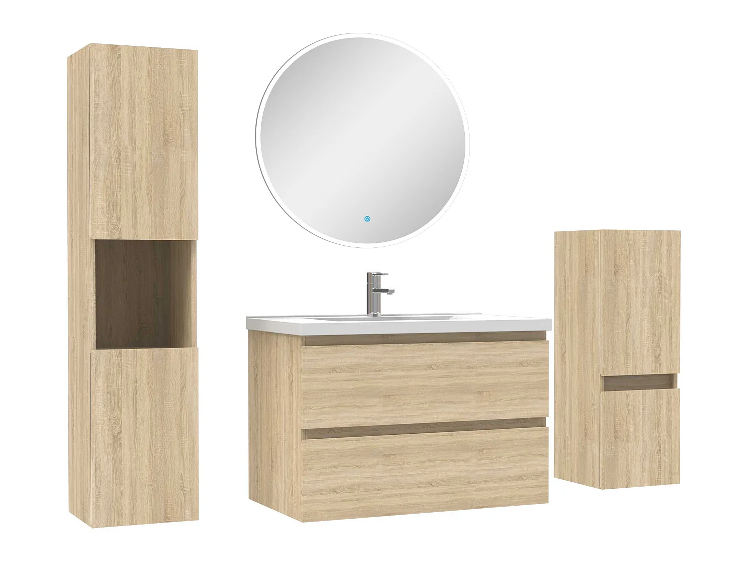 Ensemble meubles Salle de Bain 80cm simple vasque + colonne + miroir rond mural Chêne Wotan