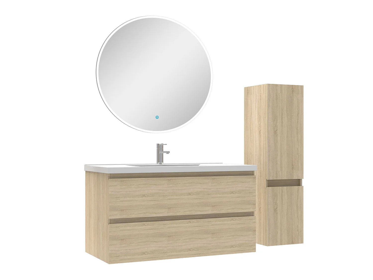 Ensemble meubles Salle de Bain 100cm vasque + colonne + miroir rond lumineux Chêne Wotan