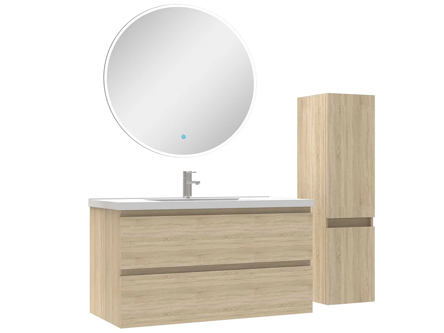 Ensemble meubles Salle de Bain 100cm vasque + colonne + miroir rond lumineux Chêne Wotan