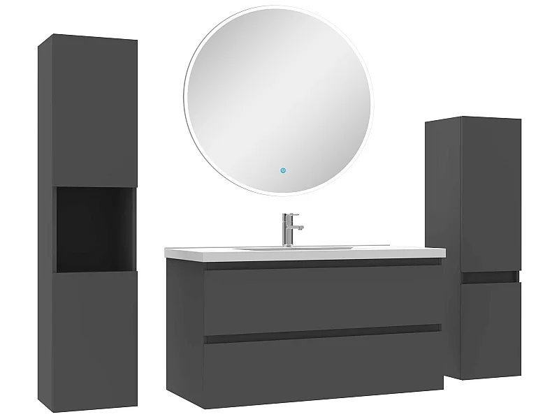Ensemble meubles Salle de Bain 100cm vasque + colonne + miroir rond mural Anthracite