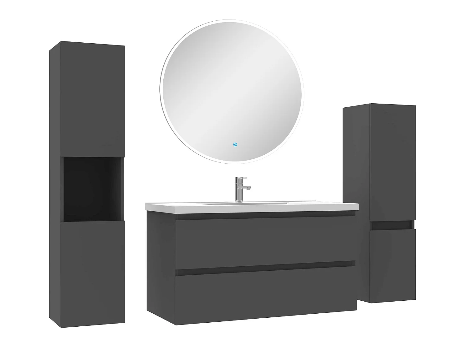 Ensemble meubles Salle de Bain 100cm vasque + colonne + miroir rond mural Anthracite
