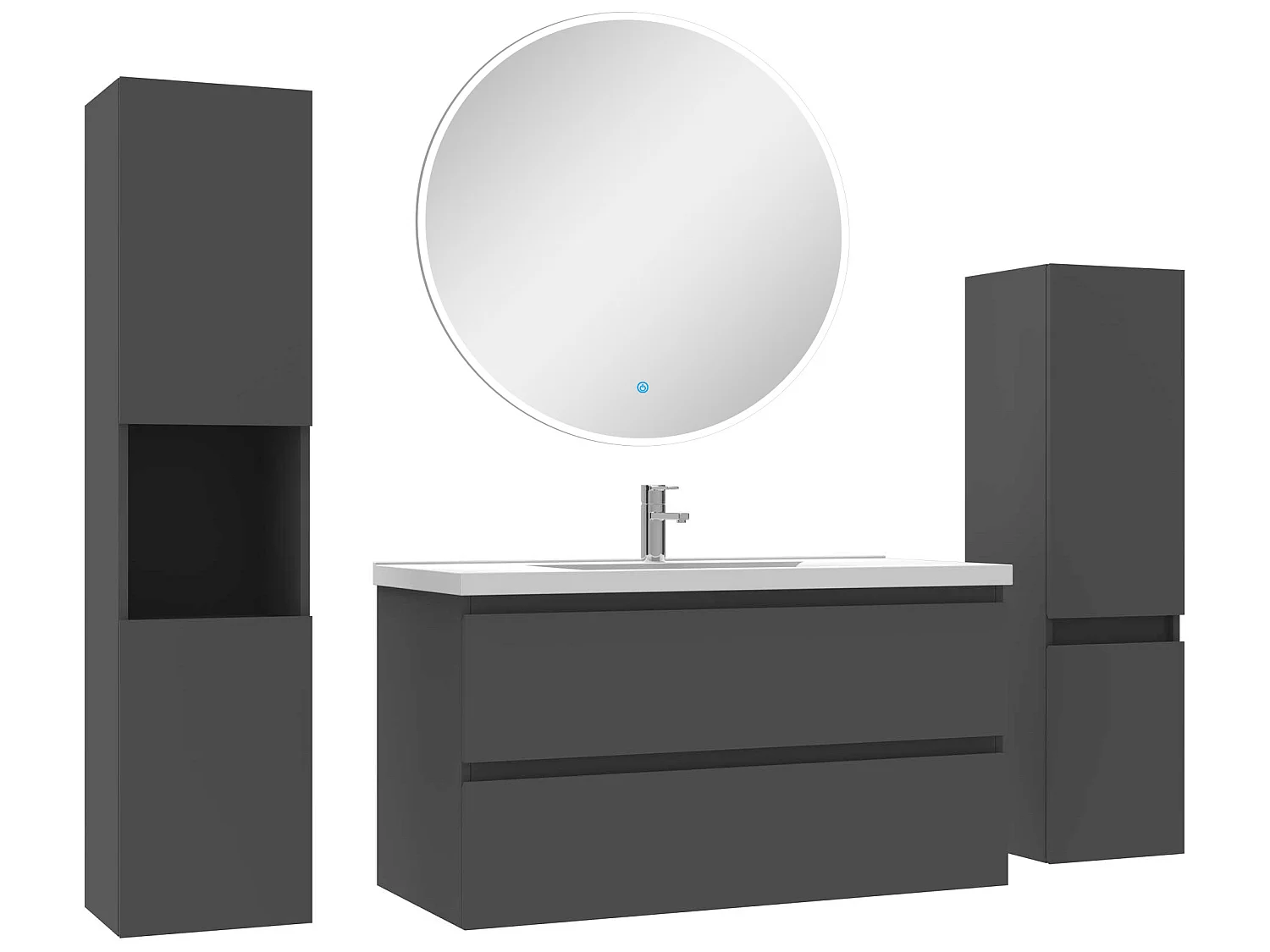 Ensemble meubles Salle de Bain 100cm vasque + colonne + miroir rond mural Anthracite