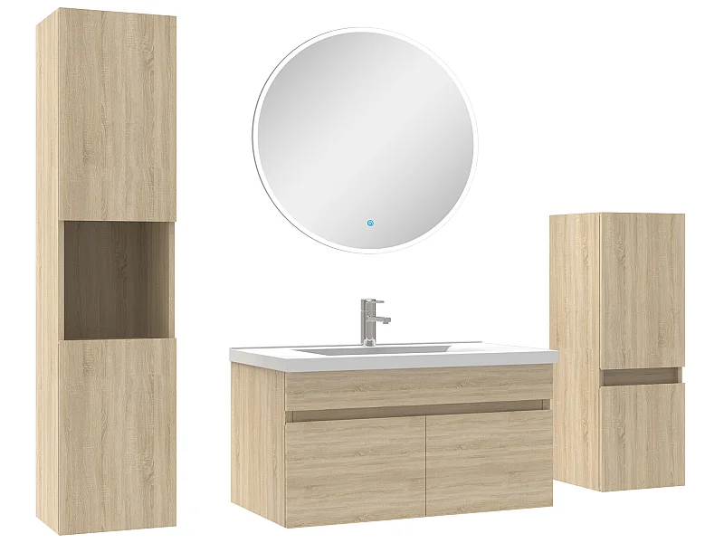 Meubles simple vasque 80cm,meuble acve colonne et miroir rond Chêne Wotan