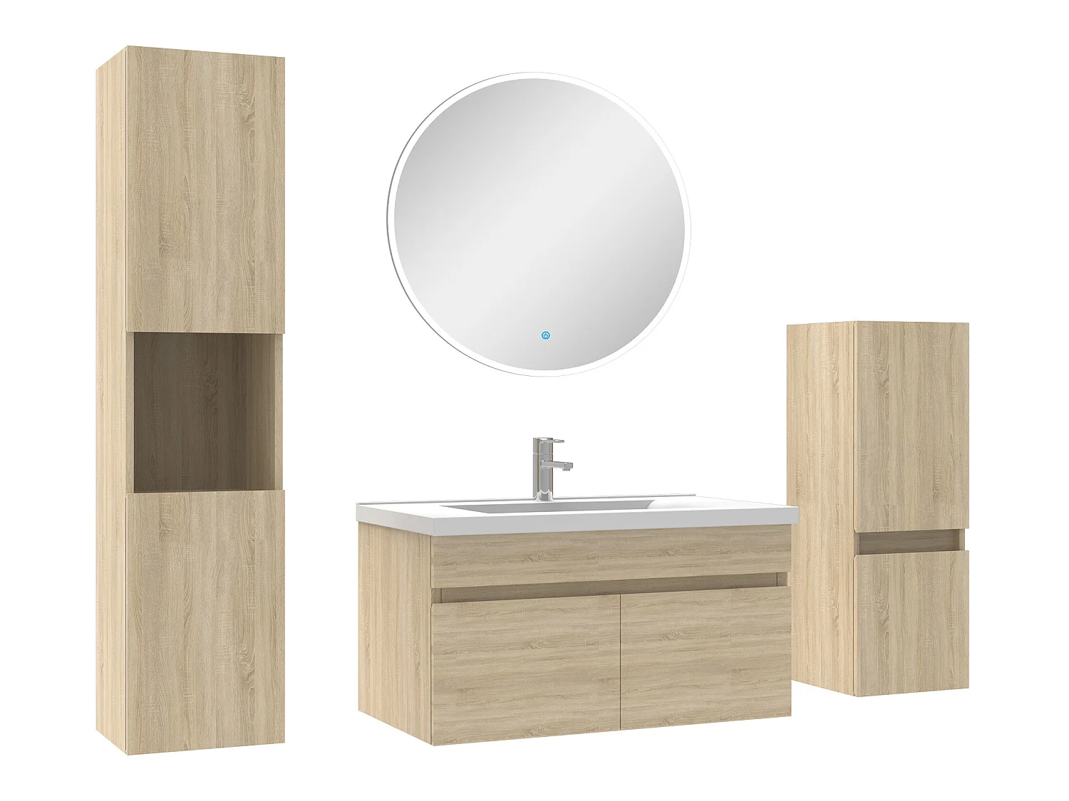 Meubles simple vasque 80cm,meuble acve colonne et miroir rond Chêne Wotan