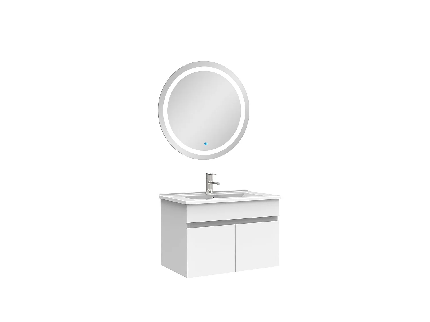 Ensemble meubles Salle de Bain simple vasque 60cm + rond miroir lumineux Blanc