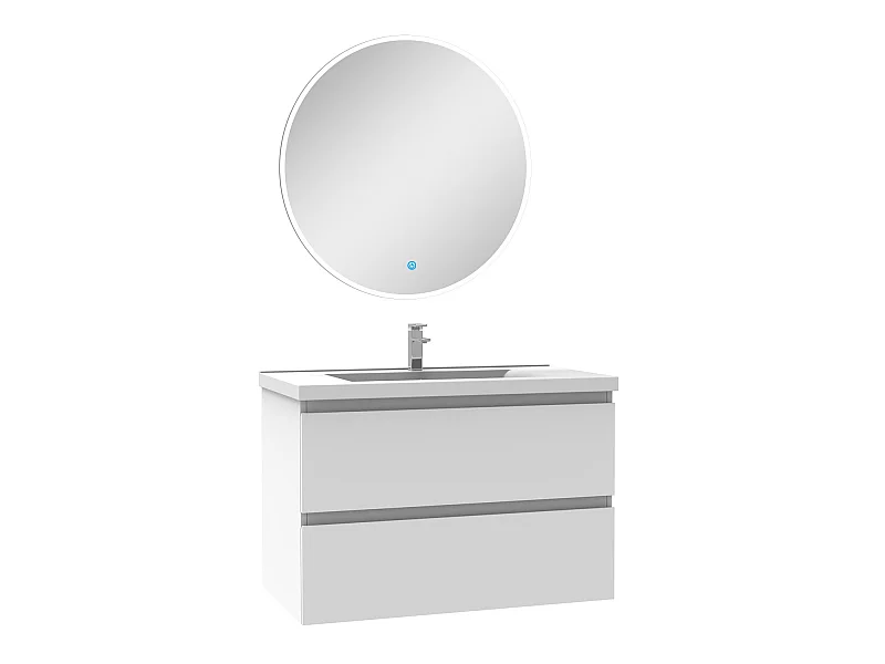 Ensemble meuble Salle de Bain Blanc 80cm simple vasque + miroir lumineux rond