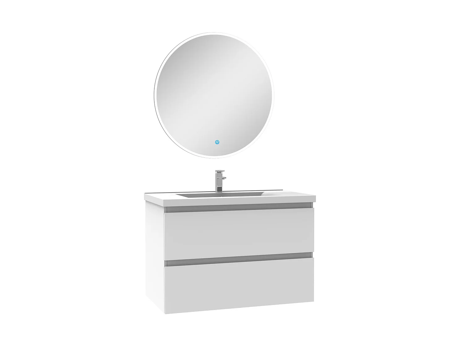 Ensemble meuble Salle de Bain Blanc 80cm simple vasque + miroir lumineux rond