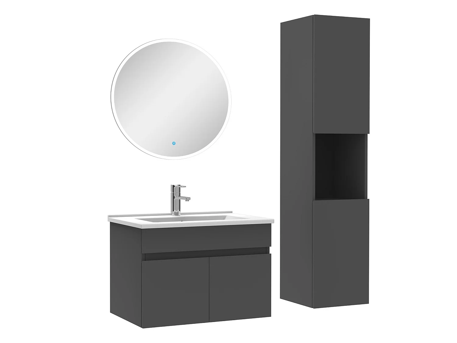 Ensemble Salle De Bain avec colonne et miroir rond 60cm meuble Anthracite