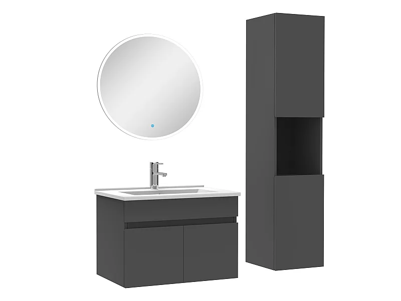 Ensemble Salle De Bain avec colonne et miroir rond 60cm meuble Anthracite