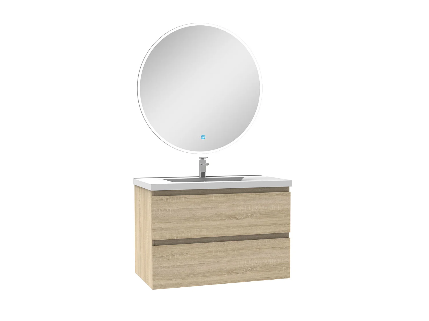 Ensemble meuble Salle de Bain 80cm Chêne Wotan simple vasque + miroir lumineux rond