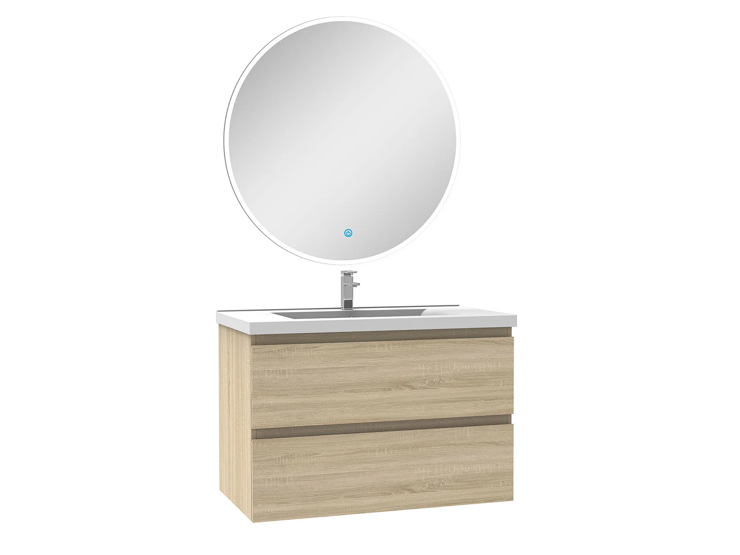 Ensemble meuble Salle de Bain 80cm Chêne Wotan simple vasque + miroir lumineux rond
