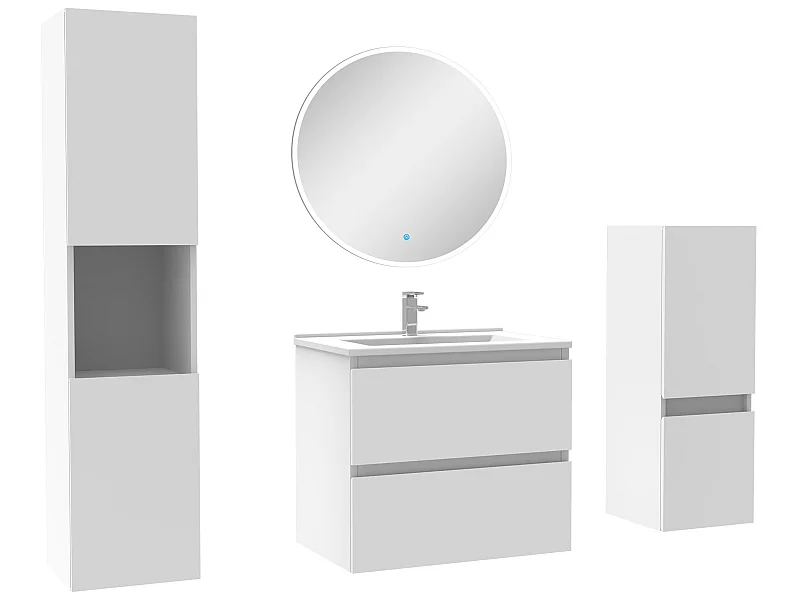 Ensemble meubles Salle de Bain 60cm simple vasque + colonne + miroir rond mural Blanc