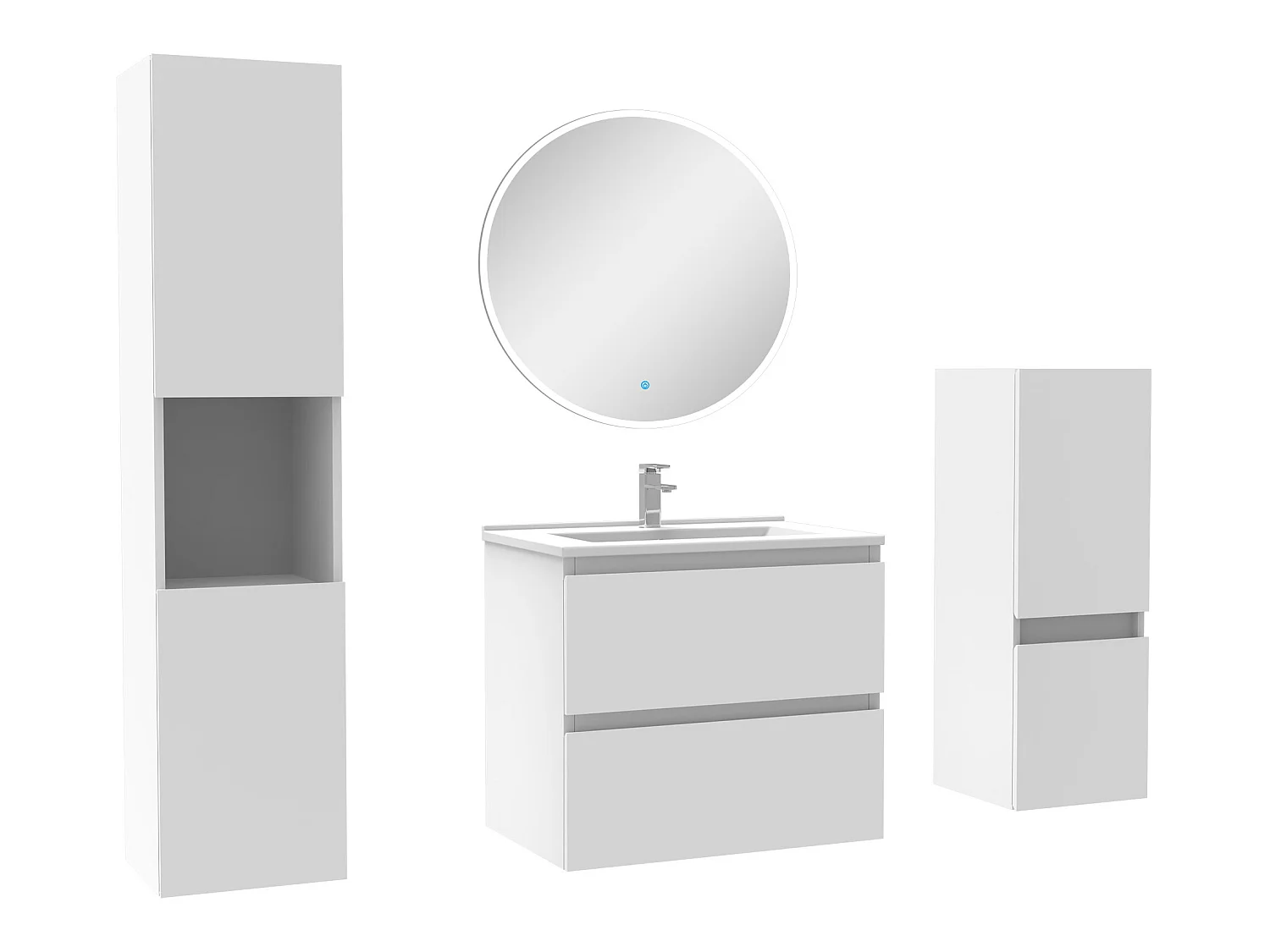 Ensemble meubles Salle de Bain 60cm simple vasque + colonne + miroir rond mural Blanc