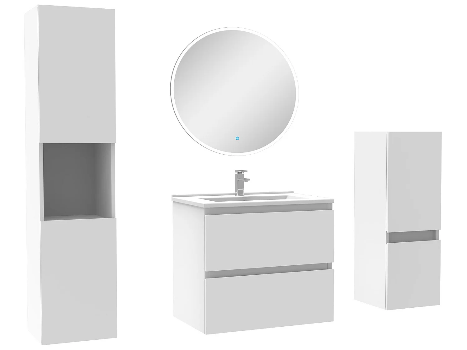 Ensemble meubles Salle de Bain 60cm simple vasque + colonne + miroir rond mural Blanc