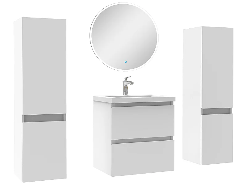 Ensemble meubles Salle de Bain avec colonne + miroir rond mural 50cm meuble blanc