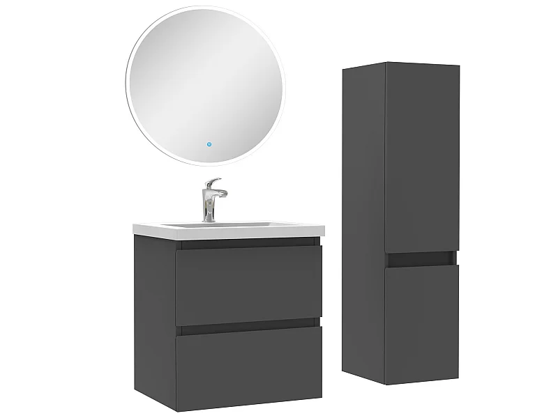 Ensemble meubles Salle de Bain 50cm vasque + colonne + miroir rond lumineux Anthracite