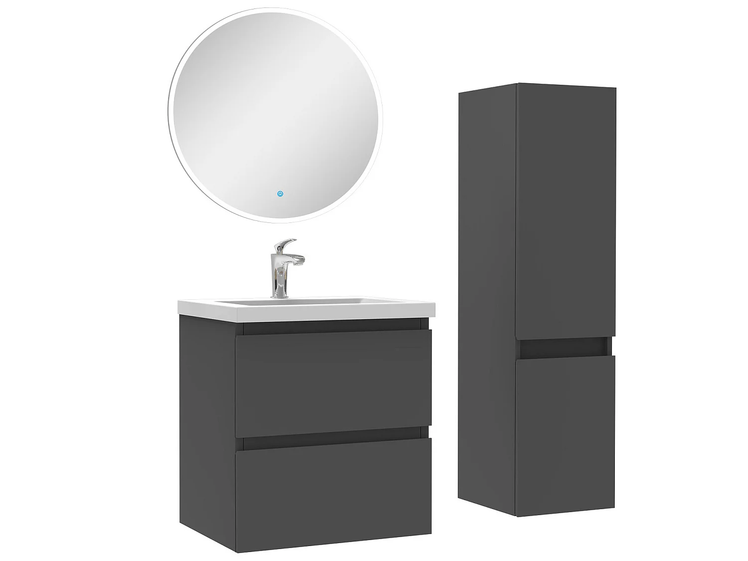 Ensemble meubles Salle de Bain 50cm vasque + colonne + miroir rond lumineux Anthracite
