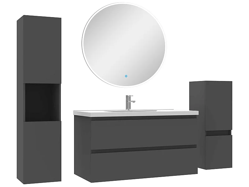 Ensemble meubles Salle de Bain 100cm simple vasque + colonne + miroir rond mural Anthracite