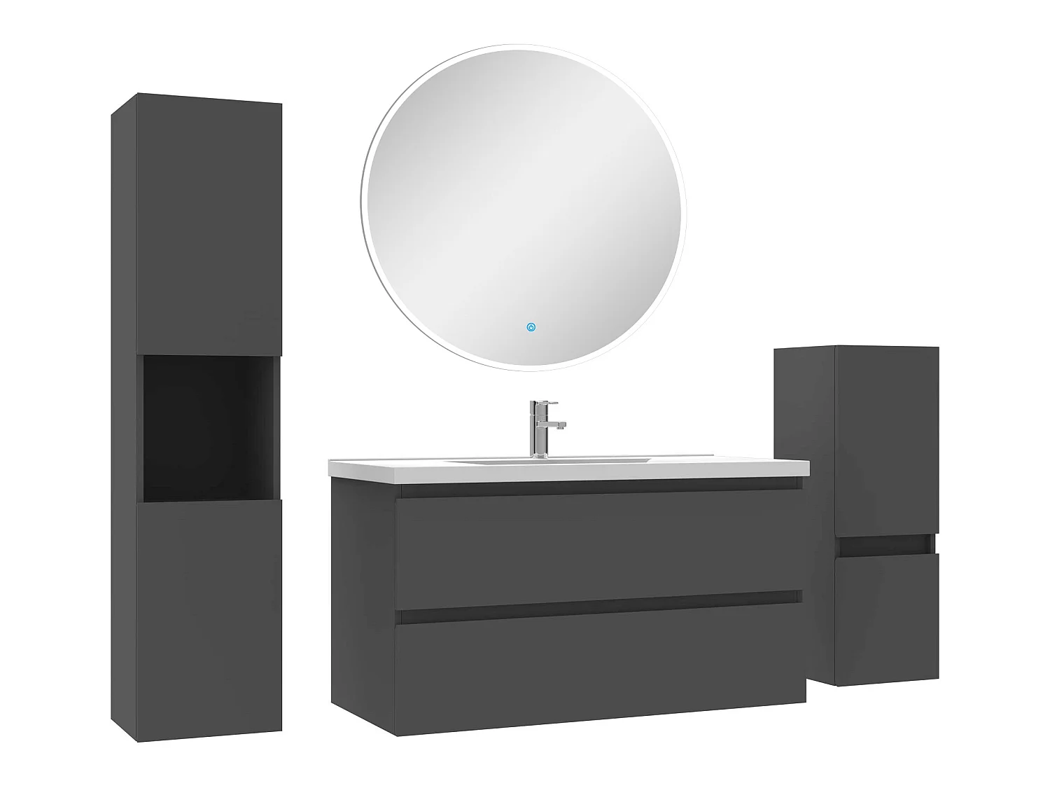 Ensemble meubles Salle de Bain 100cm simple vasque + colonne + miroir rond mural Anthracite