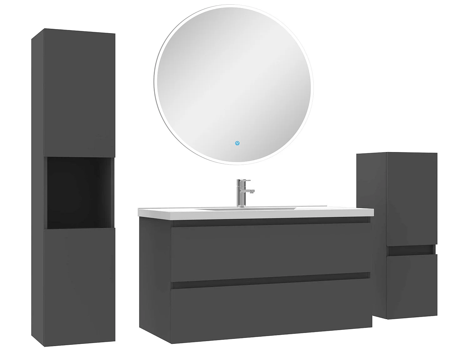 Ensemble meubles Salle de Bain 100cm simple vasque + colonne + miroir rond mural Anthracite