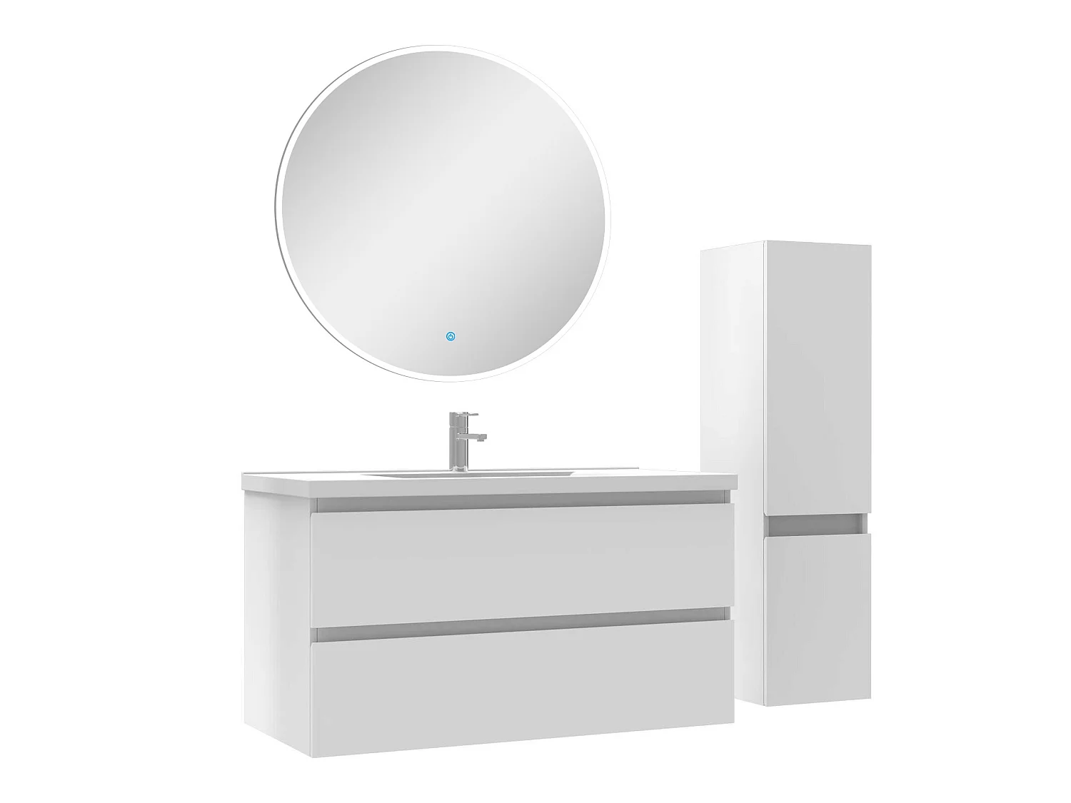 Ensemble meubles Salle de Bain 100cm vasque + colonne + miroir rond lumineux Blanc