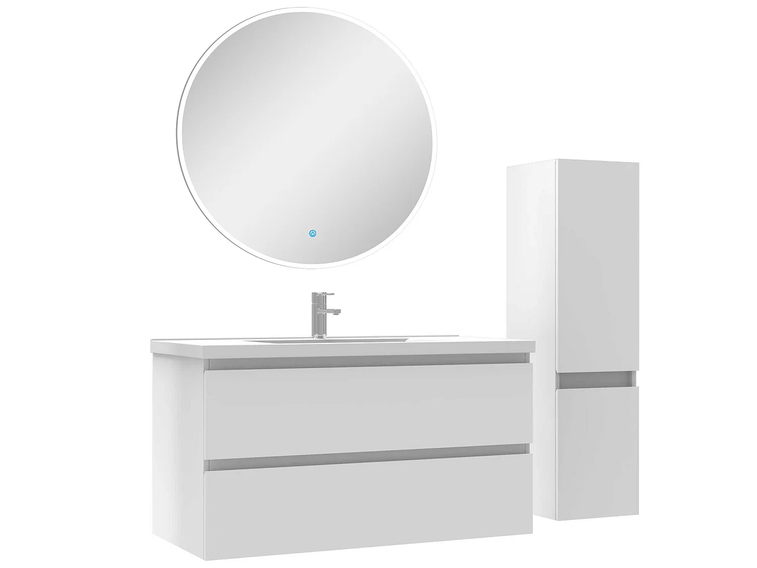 Ensemble meubles Salle de Bain 100cm vasque + colonne + miroir rond lumineux Blanc