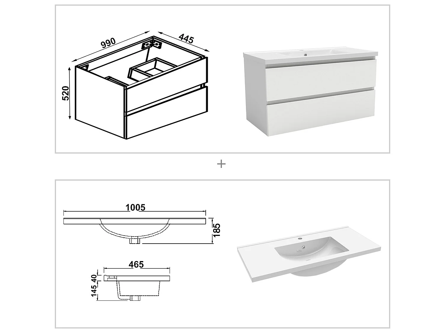 Ensemble meubles Salle de Bain 100cm vasque + colonne + miroir rond lumineux Blanc