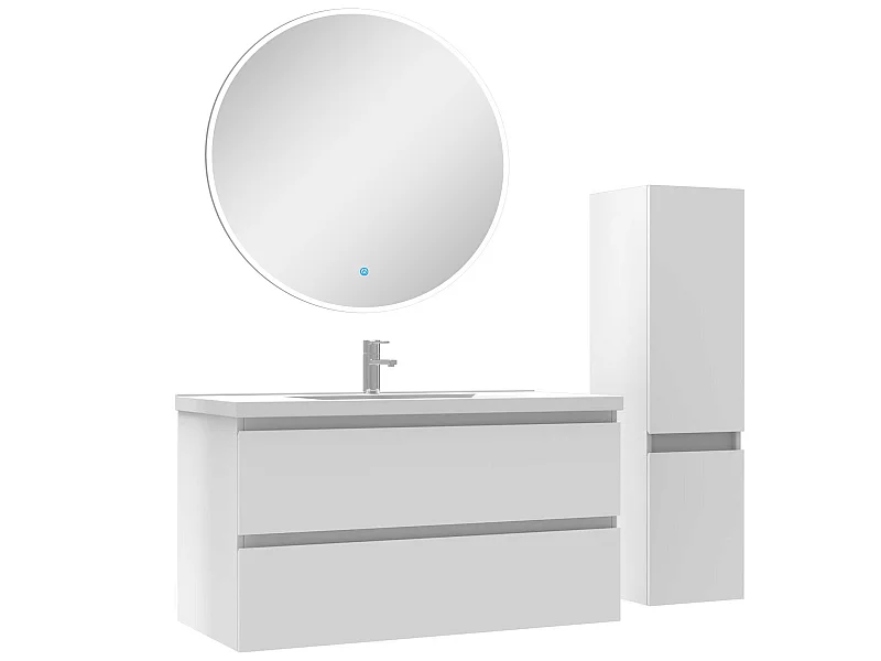 Ensemble meubles Salle de Bain 100cm vasque + colonne + miroir rond lumineux Blanc