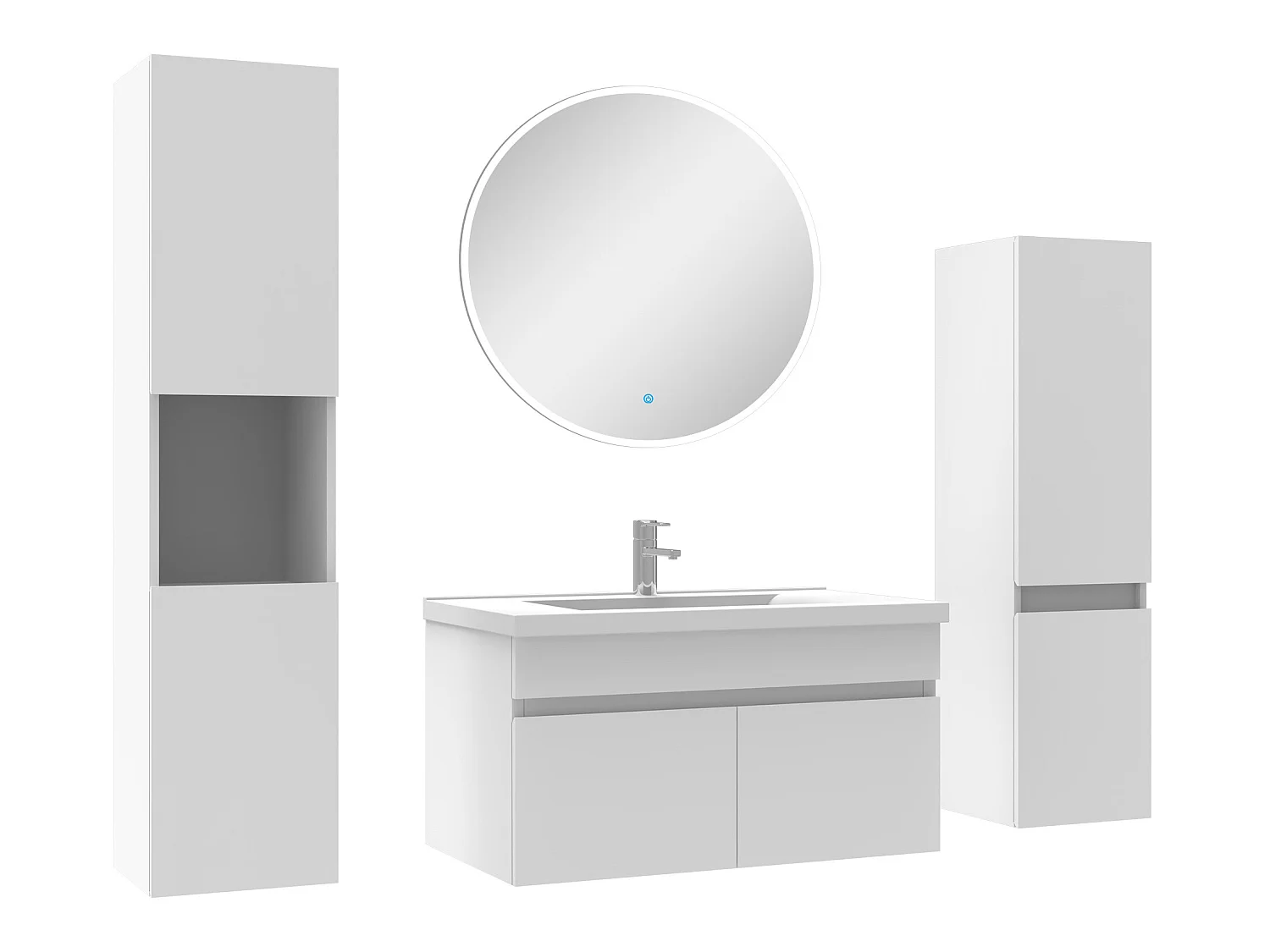 Meuble Salle de Bain Blanc 80cm simple vasque + colonne + miroir rond LED