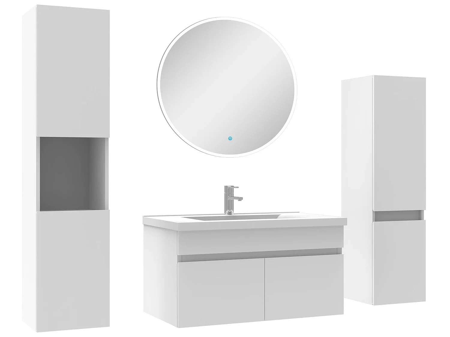 Meuble Salle de Bain Blanc 80cm simple vasque + colonne + miroir rond LED