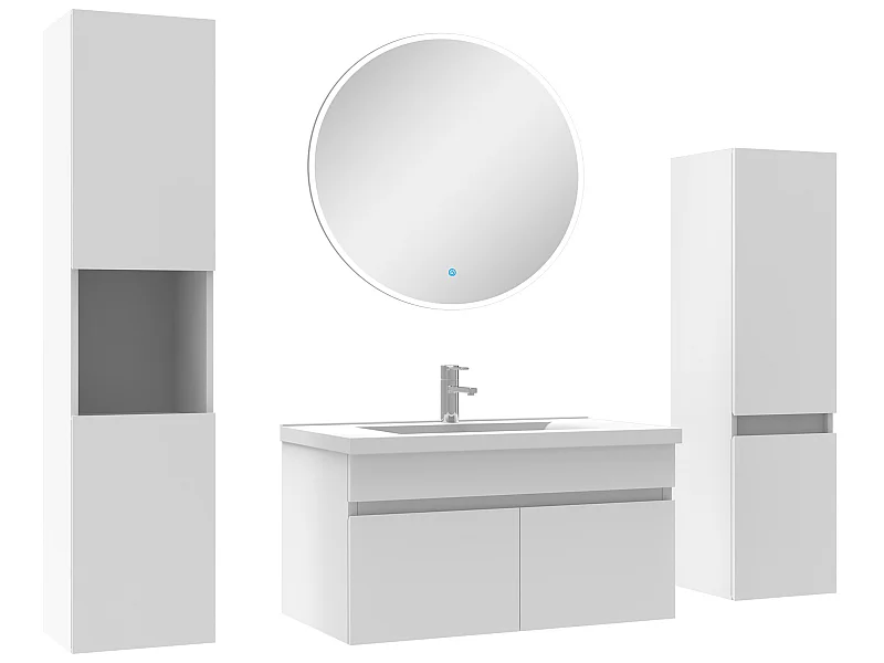 Meuble Salle de Bain Blanc 80cm simple vasque + colonne + miroir rond LED