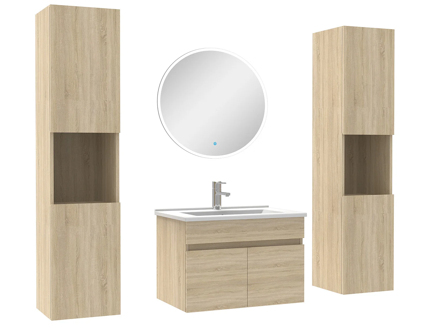Ensemble meubles Salle de Bain simple vasque 60cm, colonnex2 et miroir rond Chêne Wotan