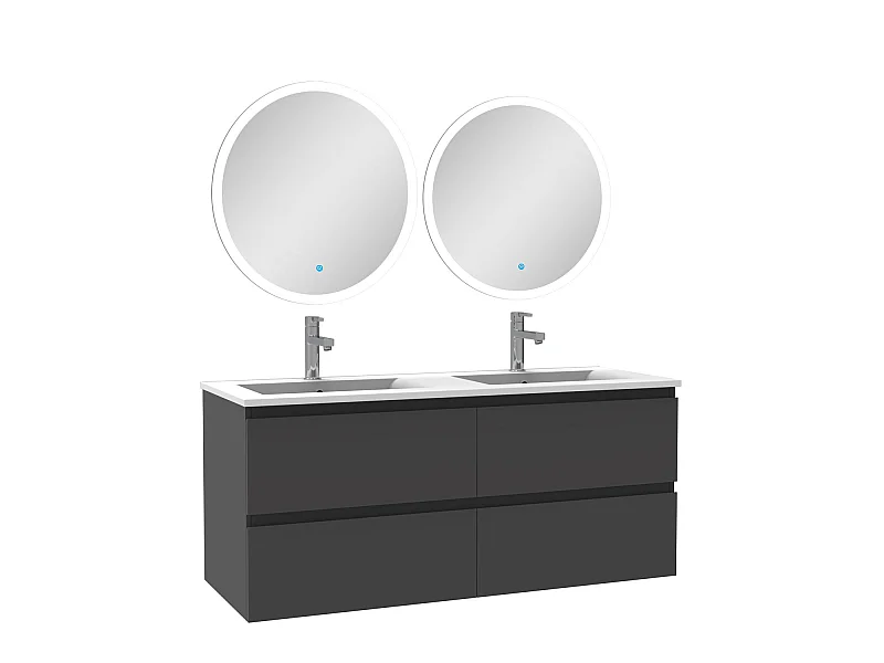 Ensemble meubles Salle de Bain 120cm double vasque + miroir lumineux rond Anthracite