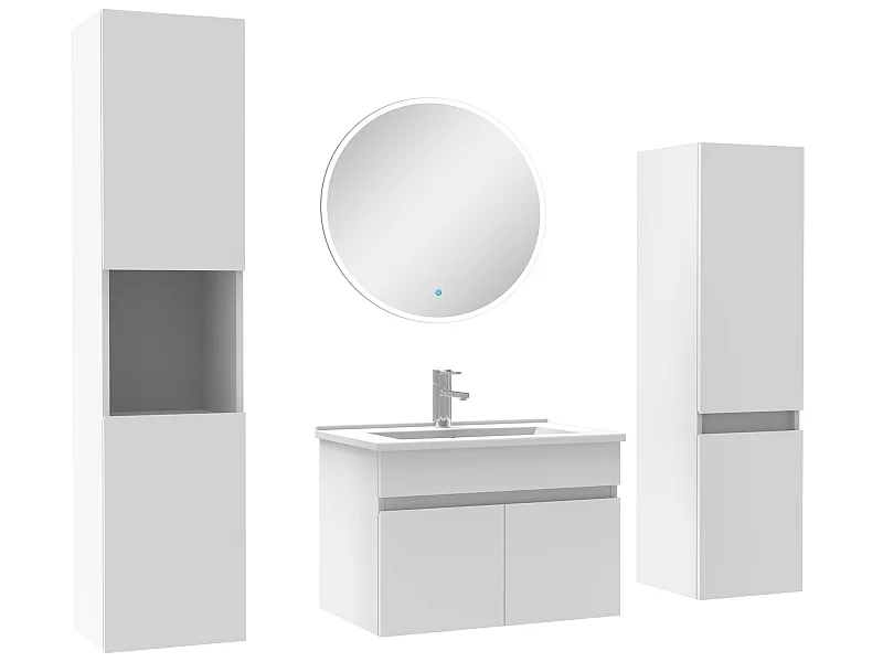 Meuble Salle de Bain Blanc 60cm simple vasque + colonne + miroir rond LED