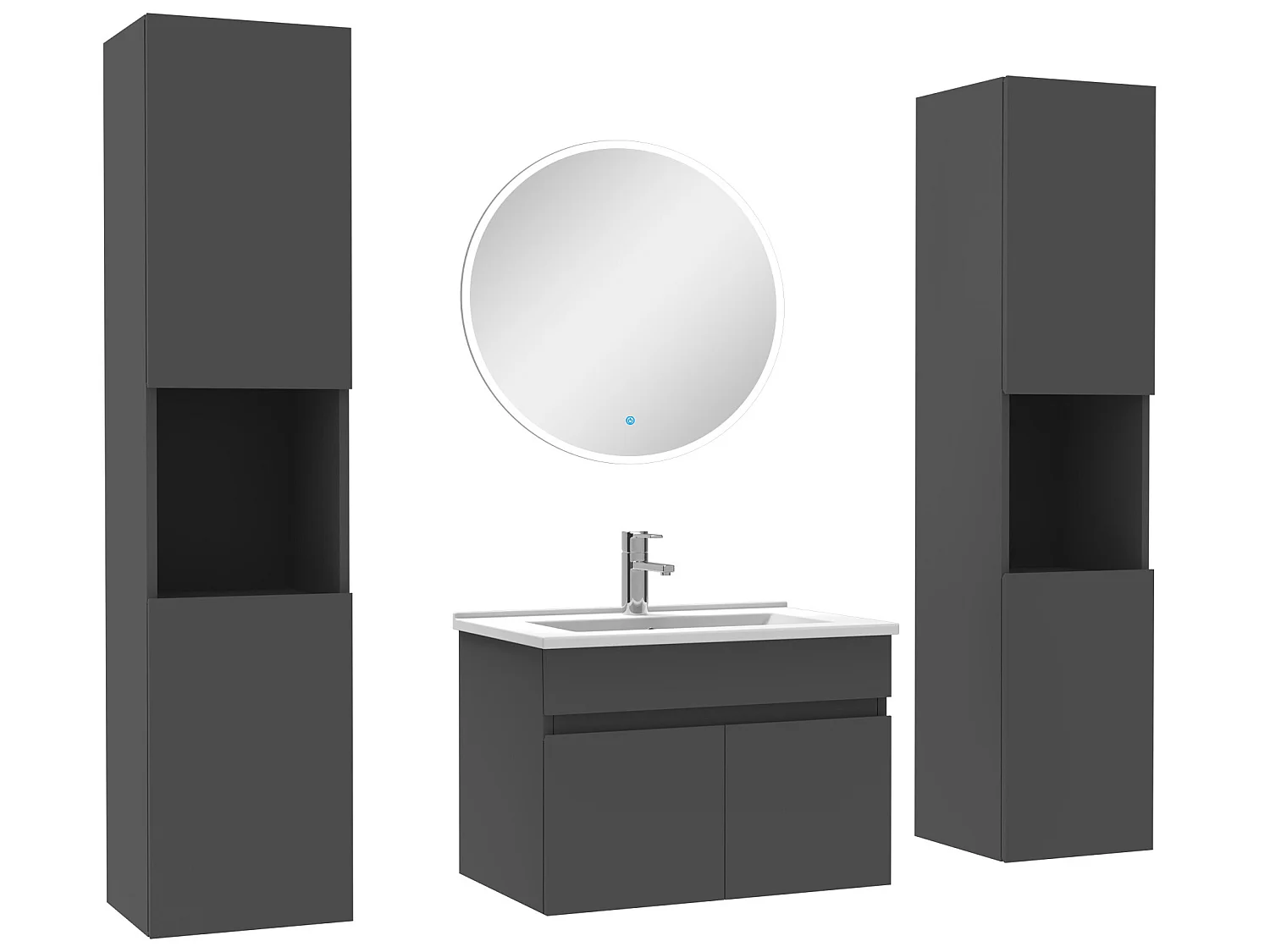 Ensemble meubles Salle de Bain simple vasque 60cm, colonnex2 et miroir rond Anthracite