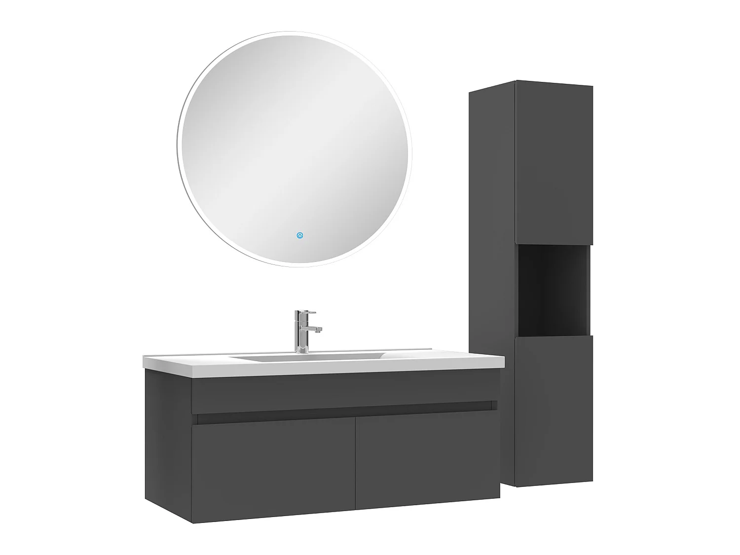 Ensemble Salle De Bain avec colonne et miroir rond 100cm meuble Anthracite