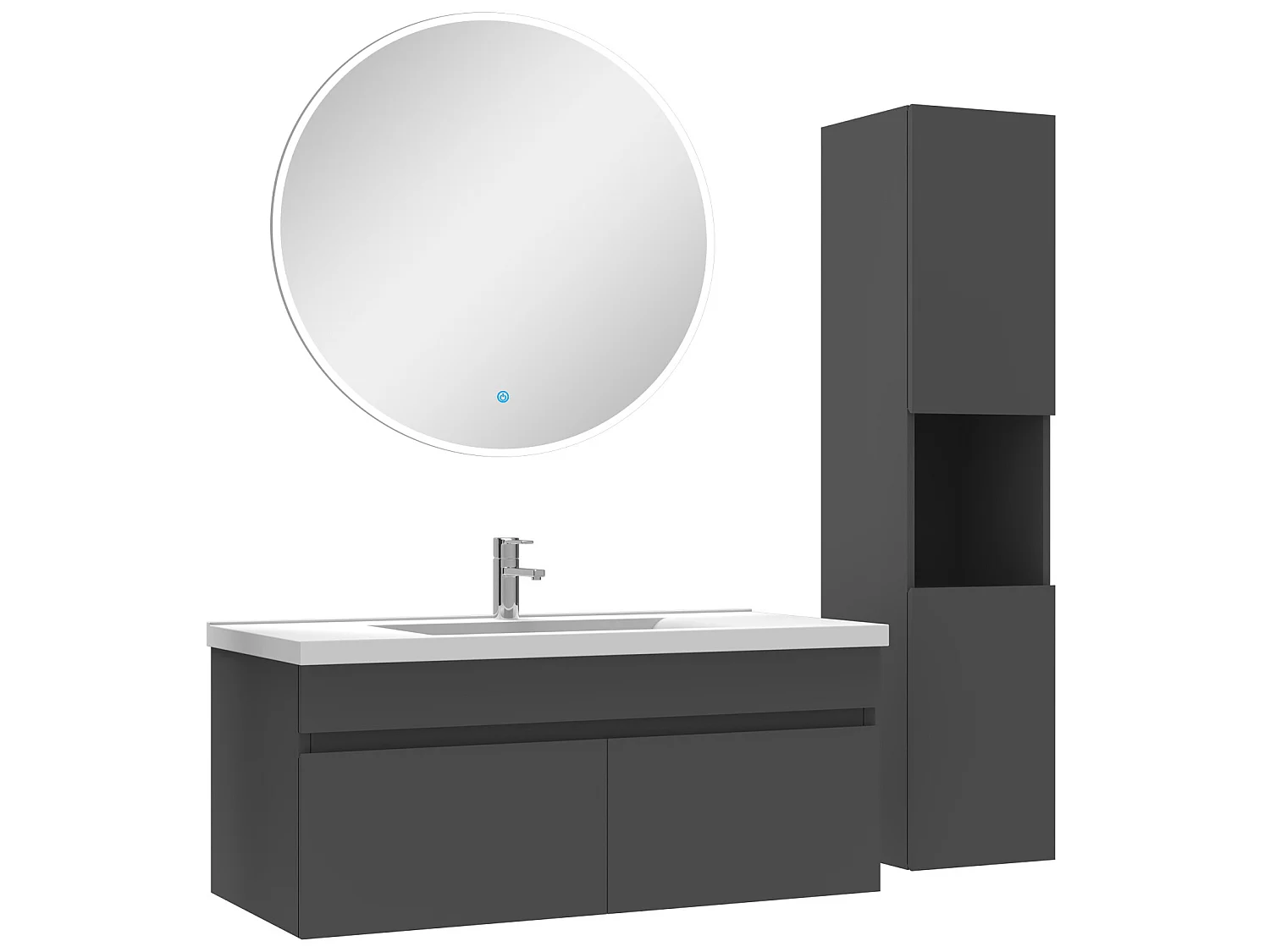 Ensemble Salle De Bain avec colonne et miroir rond 100cm meuble Anthracite
