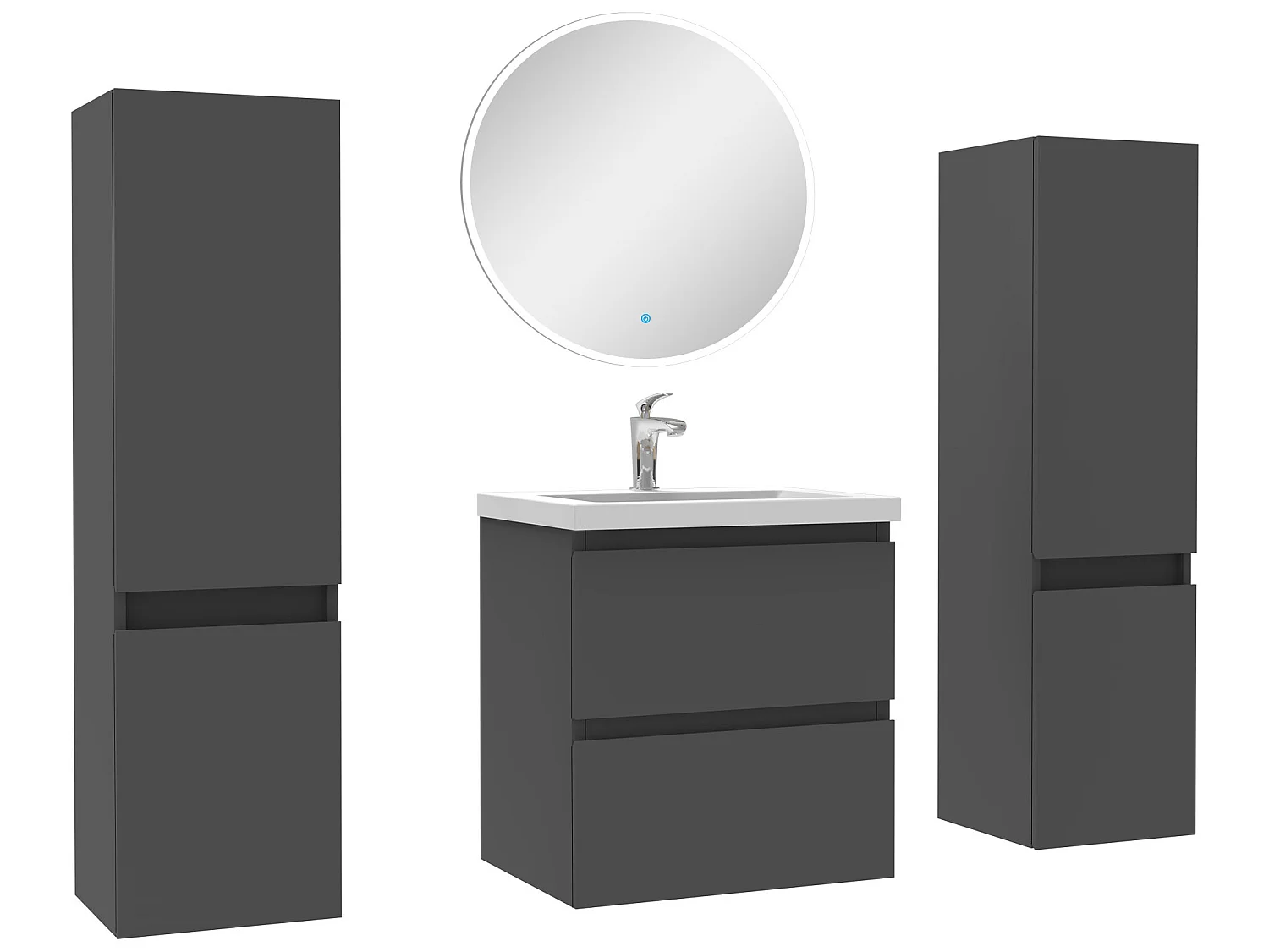 Ensemble meubles Salle de Bain avec colonne + miroir rond mural 50cm meuble Anthracite