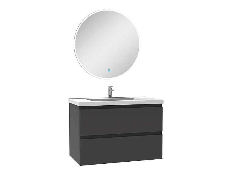 Ensemble meuble Salle de Bain Anthracite 80cm simple vasque + miroir lumineux rond