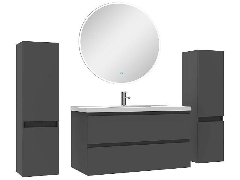 Ensemble meubles Salle de Bain avec colonne + miroir rond mural 100cm meuble Anthracite