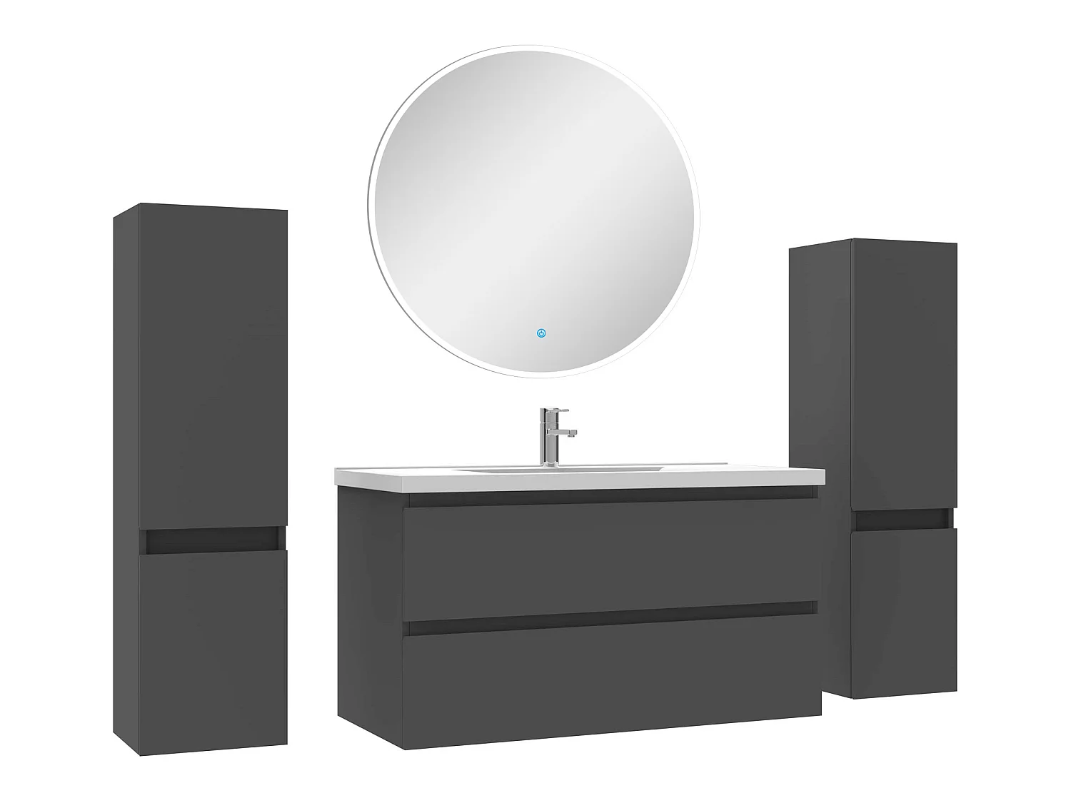 Ensemble meubles Salle de Bain avec colonne + miroir rond mural 100cm meuble Anthracite