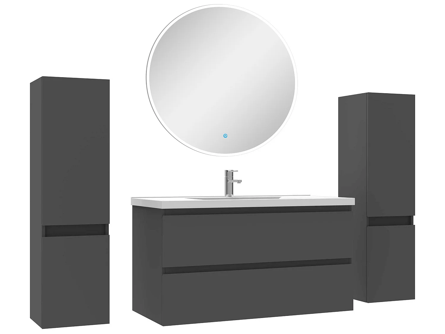 Ensemble meubles Salle de Bain avec colonne + miroir rond mural 100cm meuble Anthracite