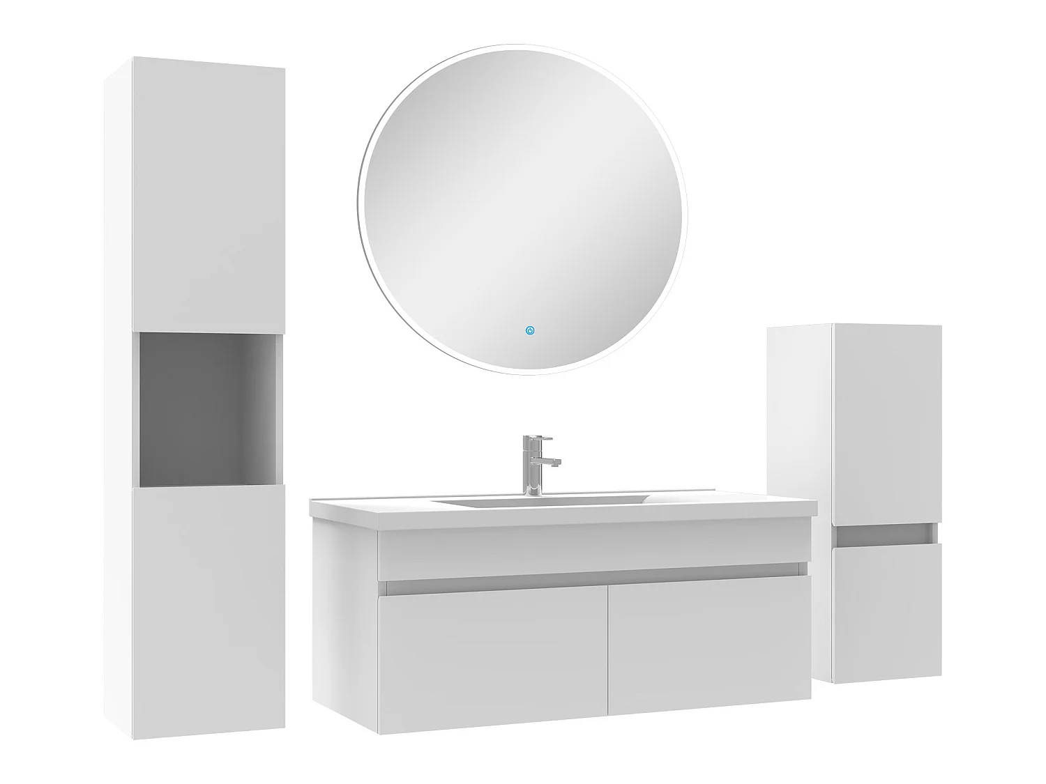 Meubles simple vasque 100cm,meuble acve colonne et miroir rond Blanc