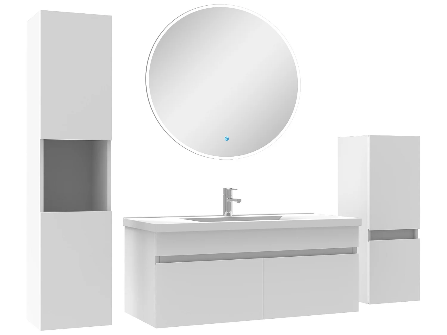Meubles simple vasque 100cm,meuble acve colonne et miroir rond Blanc