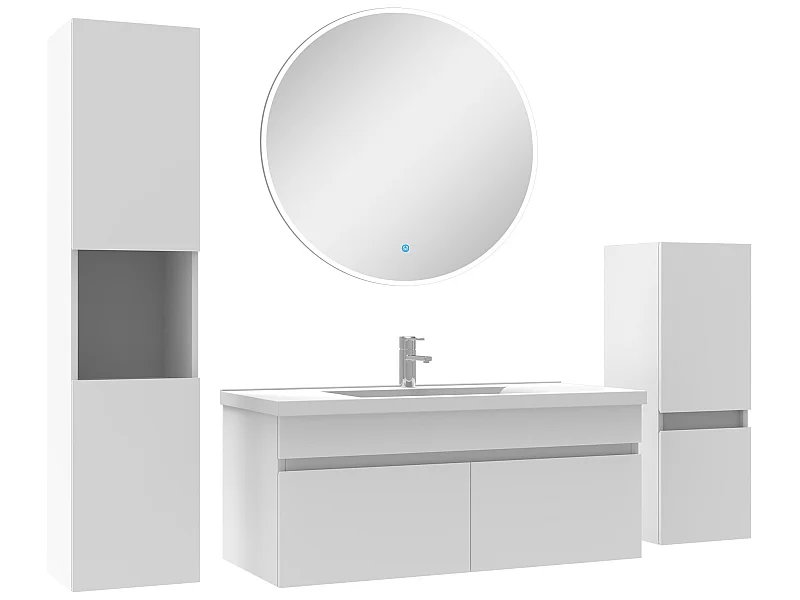 Meubles simple vasque 100cm,meuble acve colonne et miroir rond Blanc