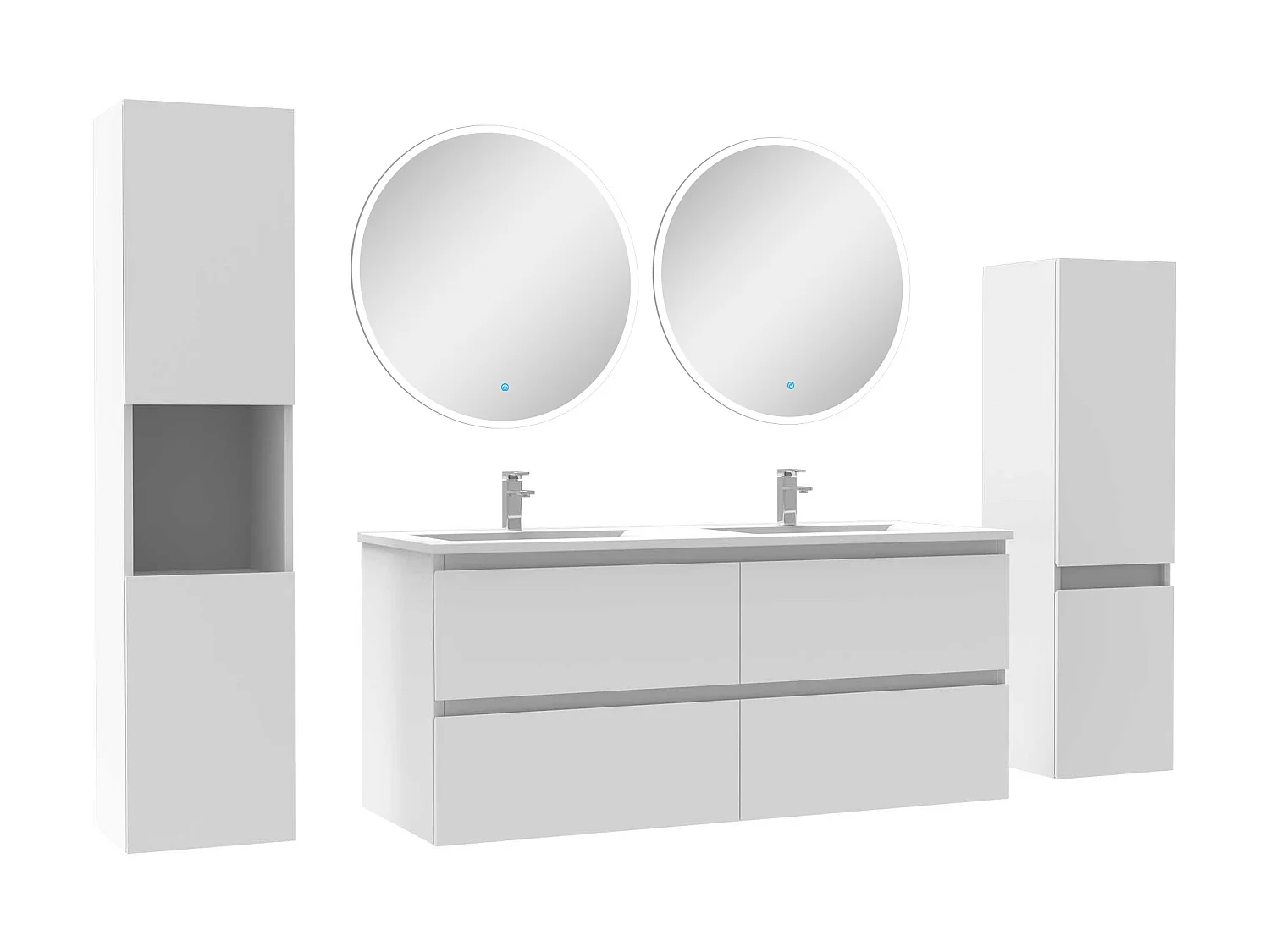 Ensemble meubles Salle de Bain 120cm vasque + colonne + miroir rond mural Blanc