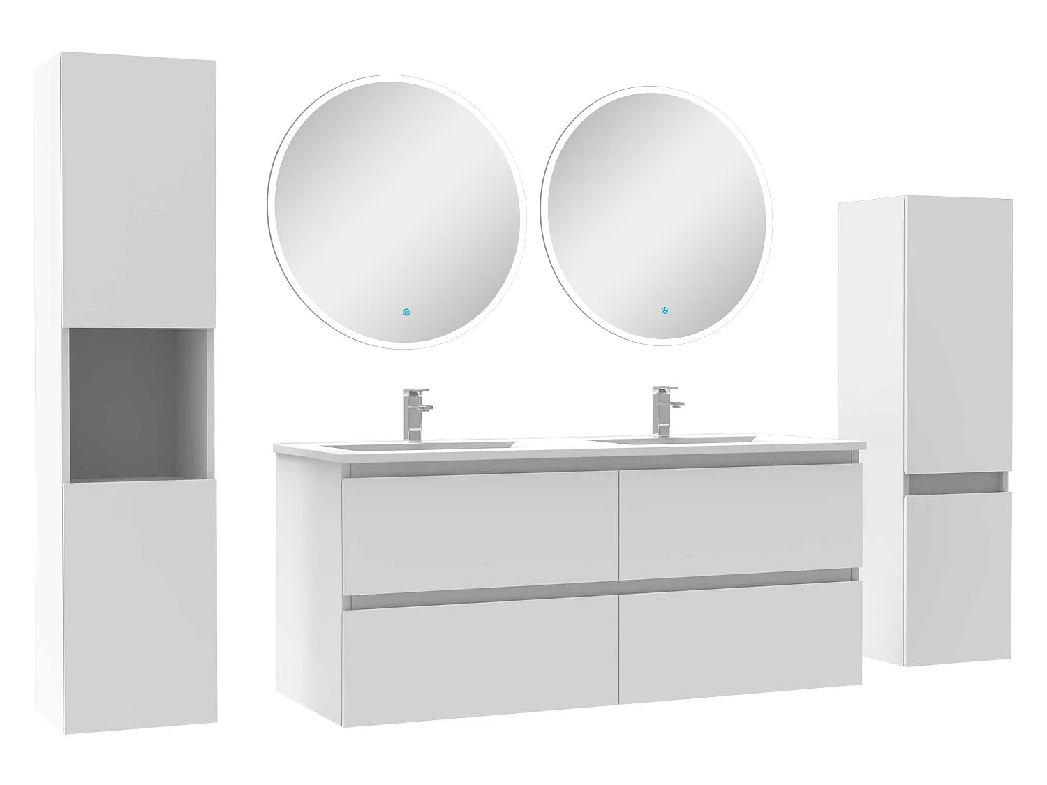 Ensemble meubles Salle de Bain 120cm vasque + colonne + miroir rond mural Blanc